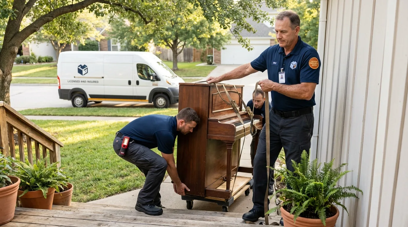 Licensed piano movers securing grand piano in Sun Prairie, WI