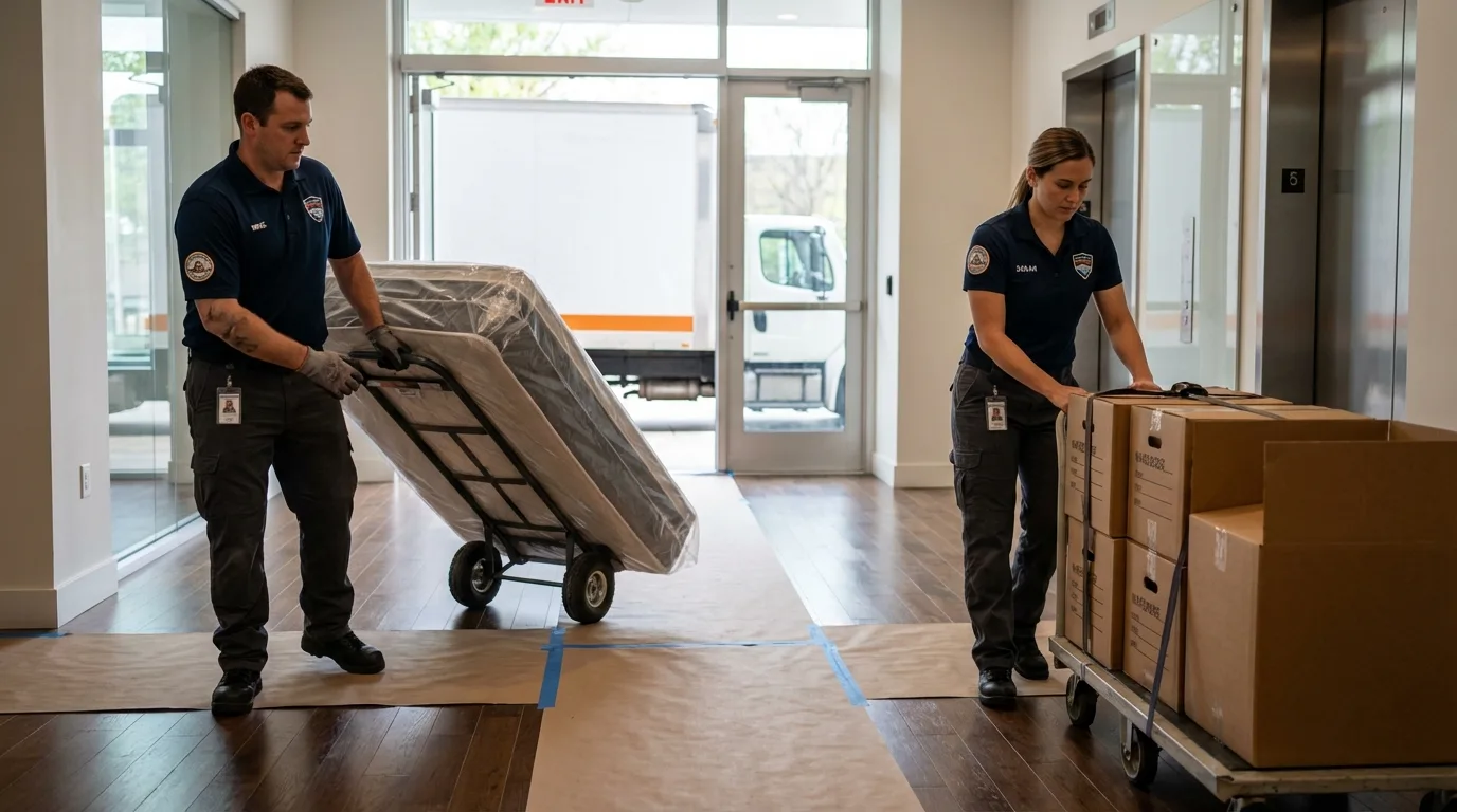 Professional apartment movers loading elevator in Sun Prairie, WI