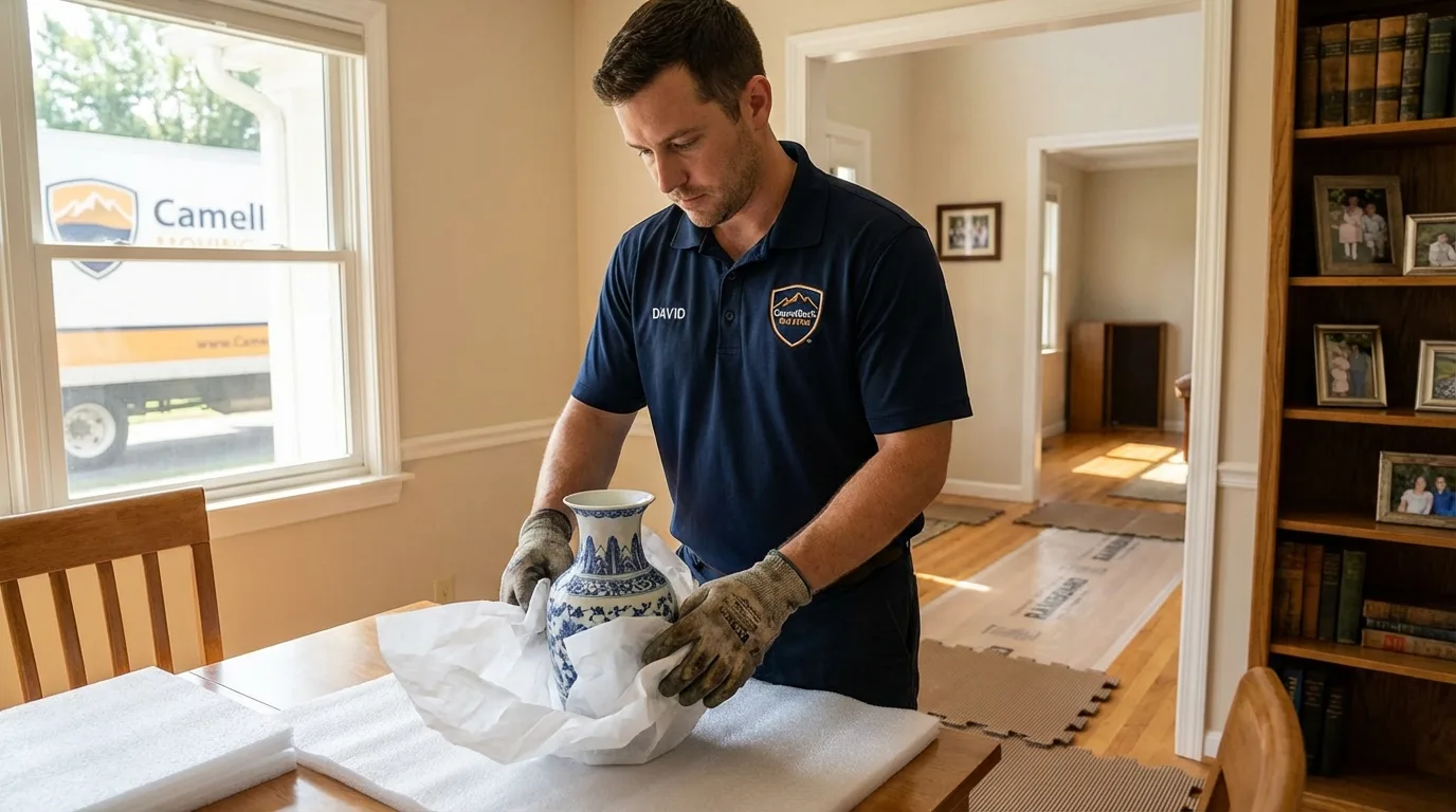 Professional crew carefully wrapping antique vase for senior downsizing move in Sun Prairie, WI